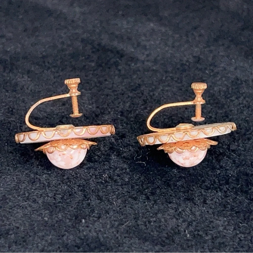 Vintage Ivory White Pink Copper Clip On Earrings Event Wedding